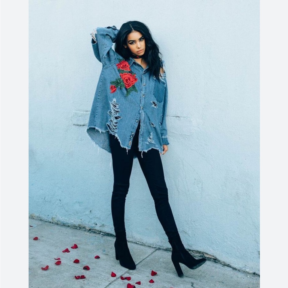 LF Rose aplique denim shirt